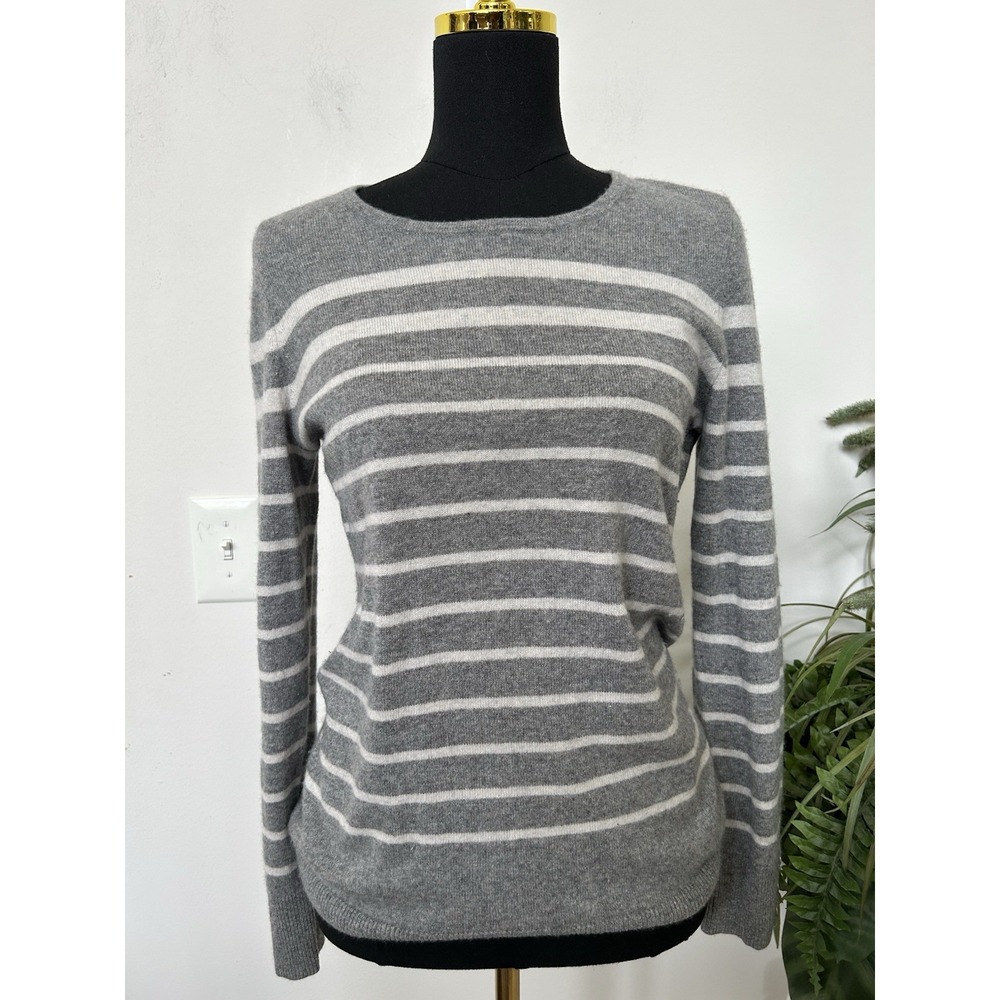 TALBOTS Cashmere Sweater M Gray White Stripe Crewneck Pullover Luxury Minimalist
